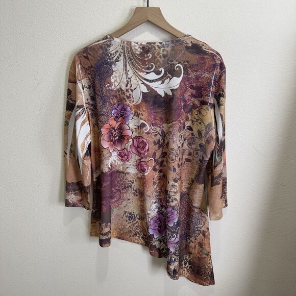 Jess & Jane Top Womens XL Beige Floral Colorful Artsy Boho Asymmetric Comfy USA - Picture 8 of 15